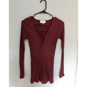 Kendall & Kylie maroon ribbed front-tie dress